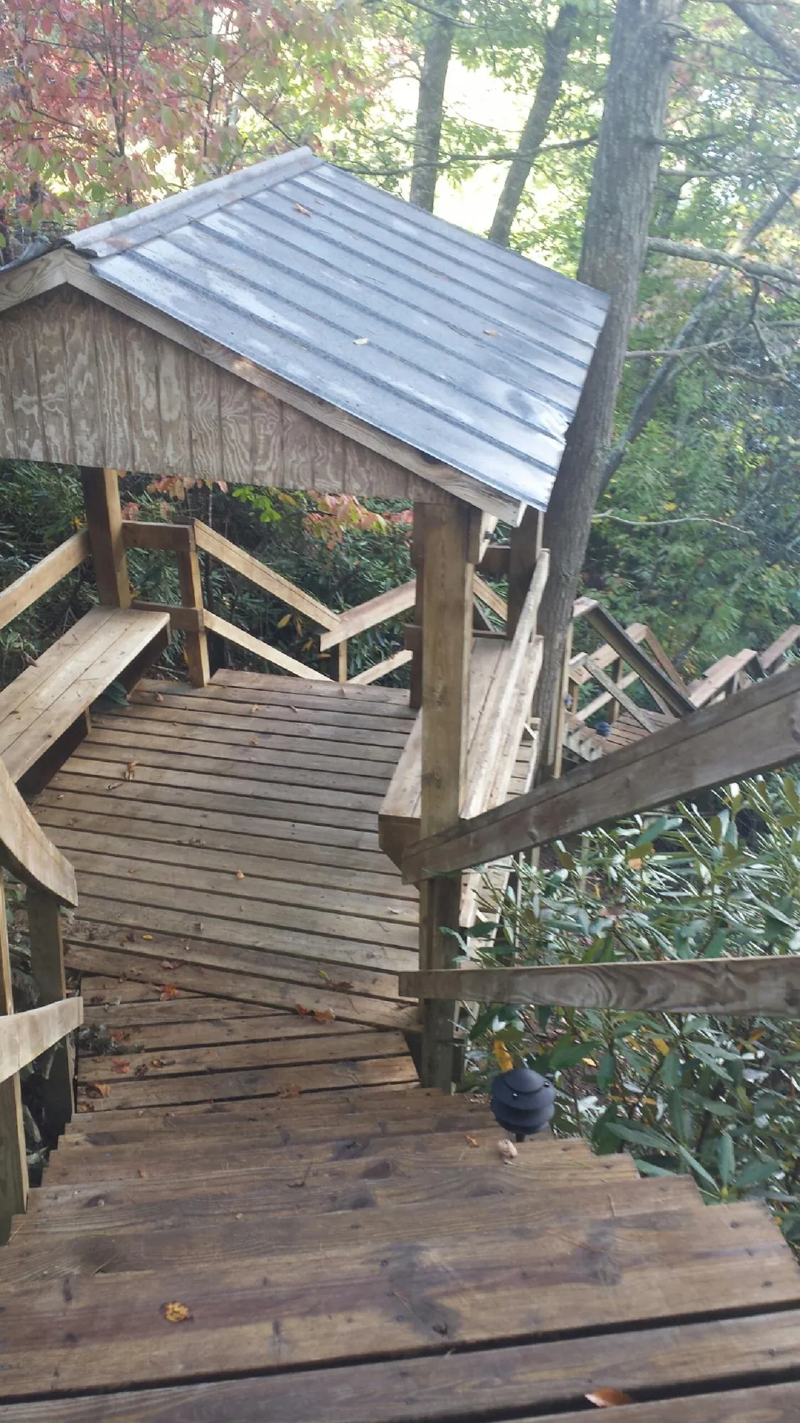 Metal roofed shelter over wooden steps on a wooded walkway — Skylight Repair & Installation work by our crew in Little Neck